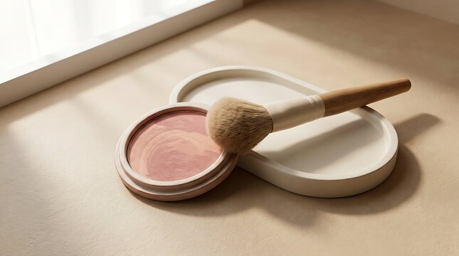 Makeup powder compact and soft cosmetic brush on a beige surface with soft natural morning light, beginner blush application 