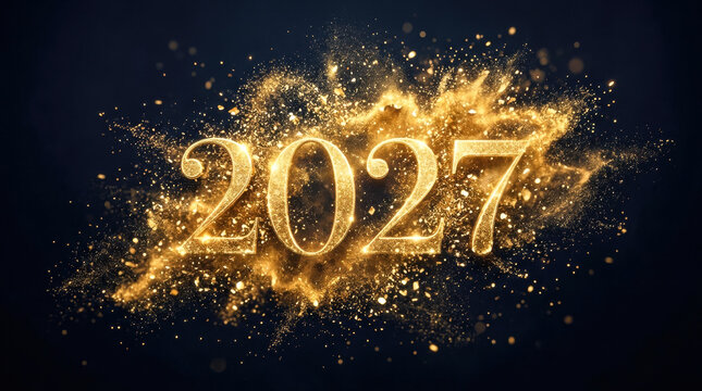 Sparkling golden 2027 text emerging from a gold dust explosion on a black background representing exciting New Year eve party, magical holiday celebration, and explosive success.