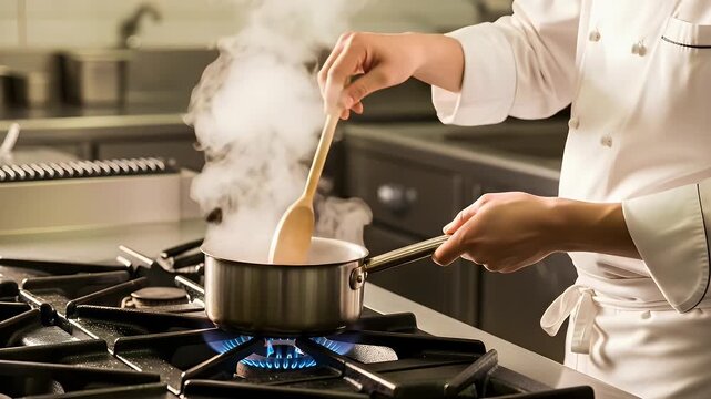 Professional chef in white uniform using a wooden spoon to stir hot bubbling food in a stainless steel pot on a gas stove burner at work