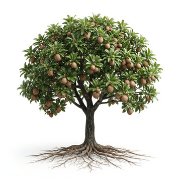Sapodilla tree, mature full tree bearing round brown chikoo fruits, exposed visible roots, 11 ratio, isolated on seamless pure white background, centered composition