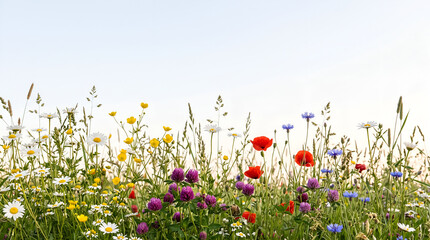 Obraz premium Colorful Wildflower Meadow Border Growing in Summer Field Against Light Sky Background