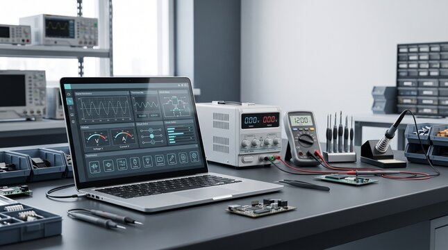 Modern electronics workstation with diagnostic tools and laptop in professional engineering laboratory environment