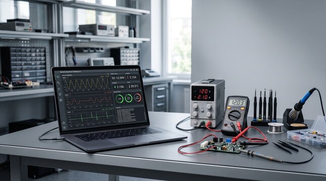 Electronics engineering workbench with laptop for data analysis, power supply, multimeter, and tools for professional circuit board prototyping