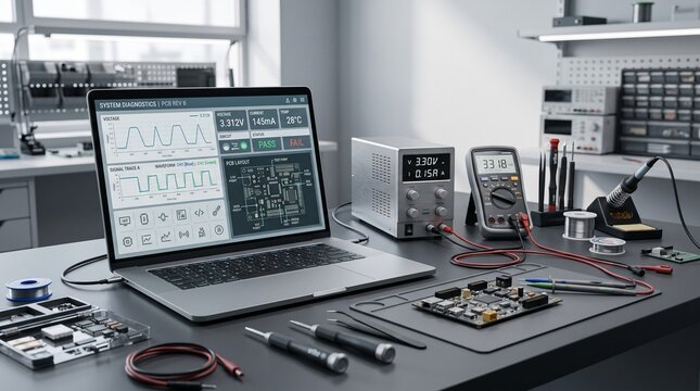 Modern electronics workshop workbench with laptop showing oscilloscope software, power supply, multimeter, and tools for circuit board repair and testing
