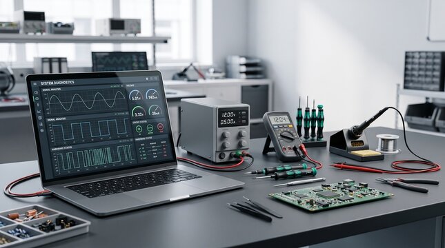 Modern electronic engineering workspace featuring laptop with software interface, soldering tools, multimeter and circuit board on desk