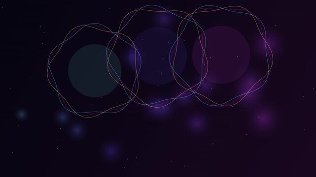 Abstract animation shows three colorful wavy lines pulsating around dark circles with a glowing particle background.