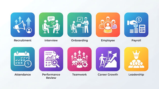 Human resources icons showcase key employment concepts with colorful gradient badges.