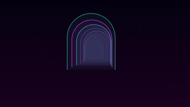 Infinite neon light tunnel with glowing archways in a dark cosmic space