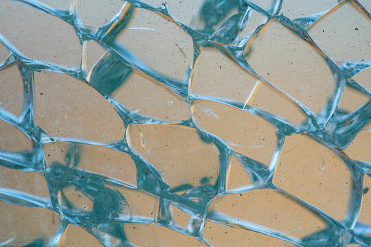 Broken tempered glass window in detail.
