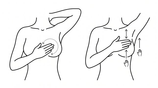 Breast self examination illustration showing circular and vertical palpation techniques