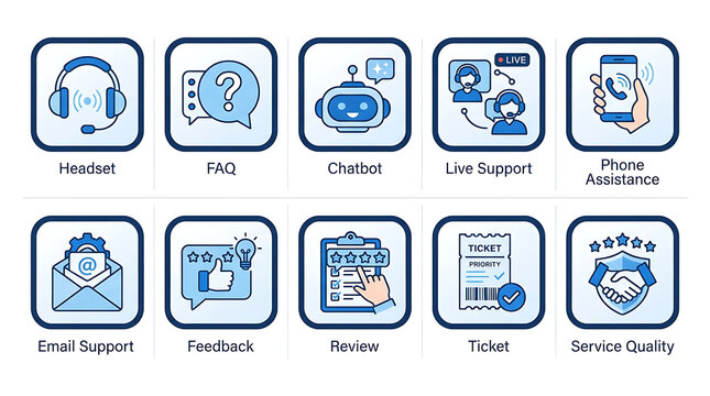 Customer service icons illustrate various communication channels and support methods used in professional business environments.