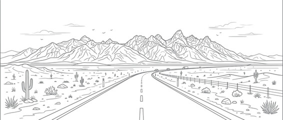 Fototapeta premium Desert road stretching towards distant mountains, line art
