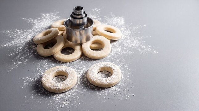 Unbaked Cookie Dough Rings with Metal Cutter on Gray Surface