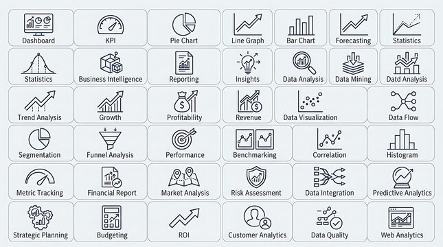 Business performance icons offer a visual framework for tracking key metrics and strategic data analysis.