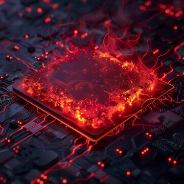 Glowing AI chip overheating with red energy waves, electricity consumption concept, dark gradient background, high detail.