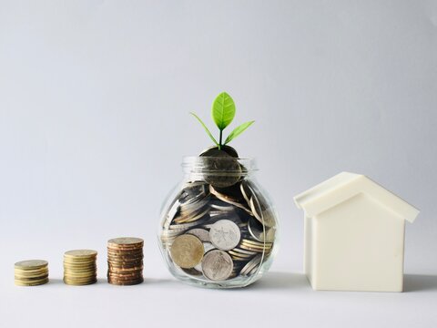 A financial growth and real estate concept featuring three ascending stacks of coins, a glass jar filled with coins and a growing green plant, and a small white model house on a clean grey background.