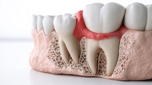Gum recession, bone loss, and inflamed gums surrounding teeth