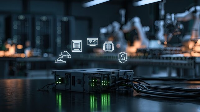 Futuristic industrial control unit with digital interface and robotic arm background