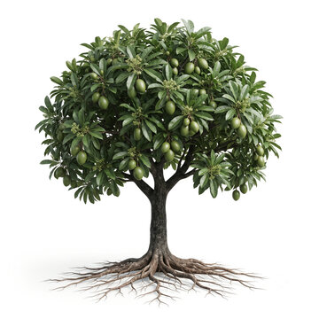 Green Sapote tree, mature full tree bearing oval green sapote fruits, exposed visible roots, 11 ratio, isolated on seamless pure white background, centered composition