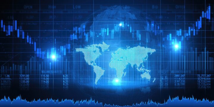 Global financial market data with world map overlay and candlestick charts