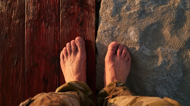 Bare feet straddle weathered wood planks and a rough stone surface