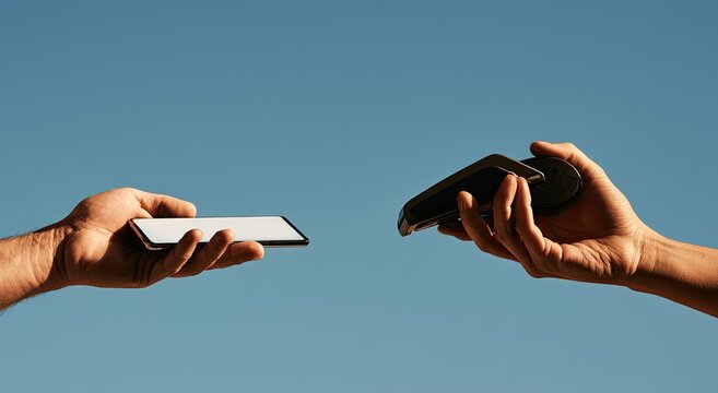 Two hands exchange a smartphone and a card reader against a blue sky