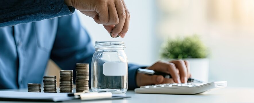 Person stacking coins and adding to a jar, calculator nearby