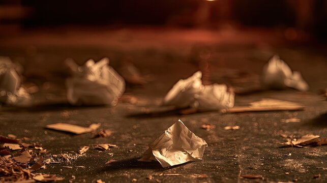 Crumpled paper scattered on a dark, dusty floor, with warm, dim lighting