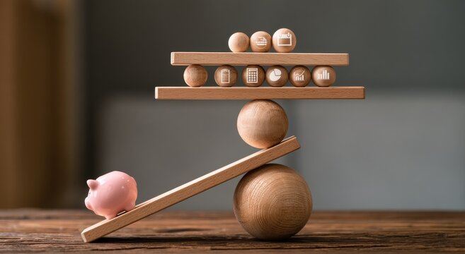 A pig, wooden blocks, and spheres create a precarious balance symbolizing financial stability
