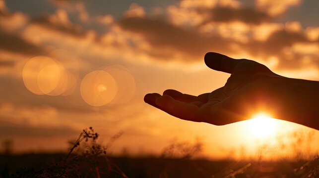 Open hand outstretched towards a vibrant sunset, light rays through clouds