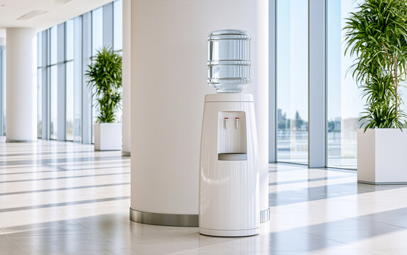 Elegant bottled water cooler standing in a spacious modern office lobby with white walls and green indoor plants, bright sunshine streaming through floor to ceiling windows