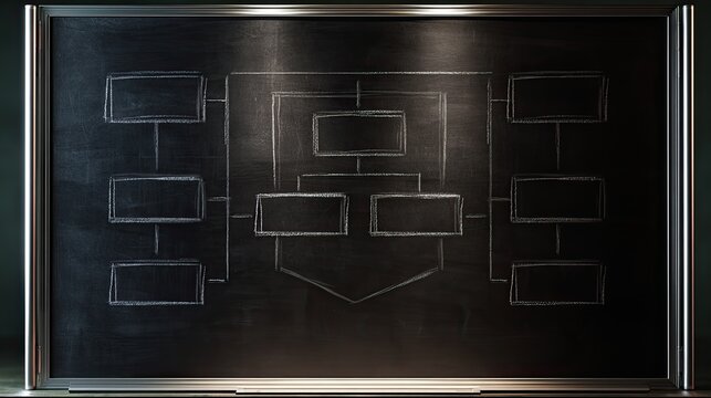 Chalkboard displays a complex organizational chart with multiple branches and levels