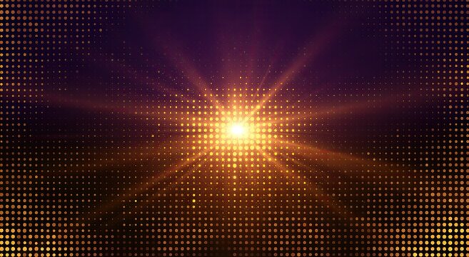 Bright golden sunburst explodes from a grid of glowing dots, creating a radiant effect