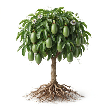Giant Granadilla vine trained as a compact fruiting tree, mature plant bearing oversized green giant granadilla fruits, exposed visible roots, 11 ratio, isolated on seamless pure white background