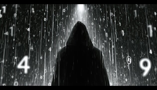 Mysterious figure in hooded cloak bathed in light, surrounded by falling digits