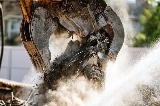 Heavy equipment arm crushing concrete and debris, creating dust