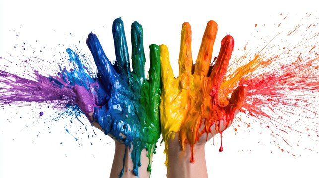 Rainbow colors exploding from outstretched hands on white background