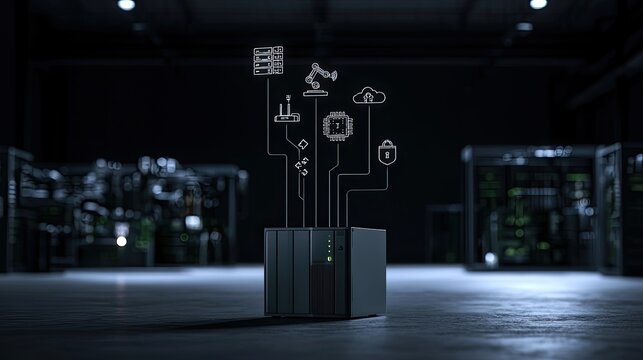 Centralized network hub with connected industry, data, and security icons