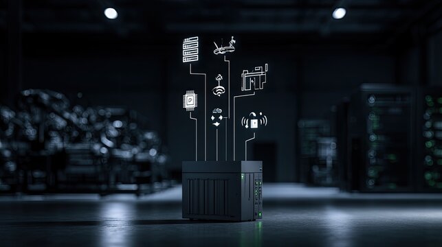 Centralized digital hub connects diverse devices in a dark, modern server environment