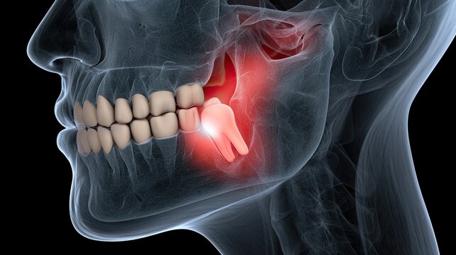 Close-up of a wisdom tooth impaction with inflamed gums, highlighted in red