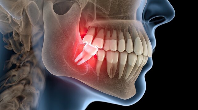 Detailed X-ray shows impacted wisdom tooth with red inflammation
