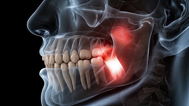 X-ray shows impacted wisdom tooth causing severe inflammation and pain