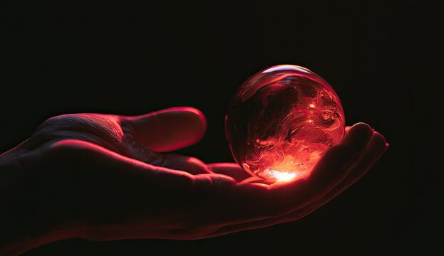 Hand cradles glowing orb with swirling red energy on black background