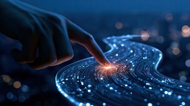 A finger touches a glowing digital current, illuminating data flow and future paths
