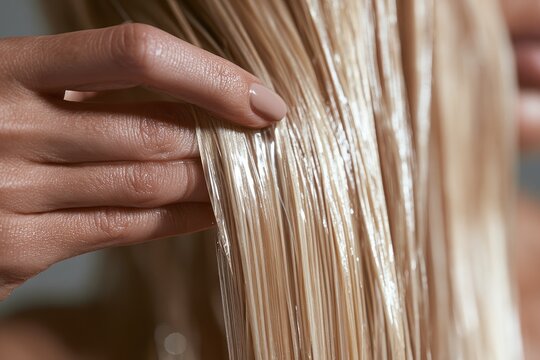 Close-up of blonde hair being treated with a creamy product