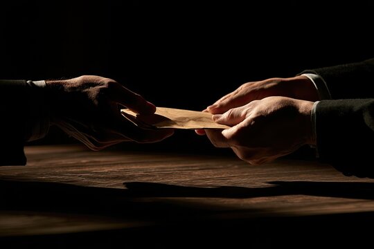 Two hands exchange a clandestine envelope across a shadowy table