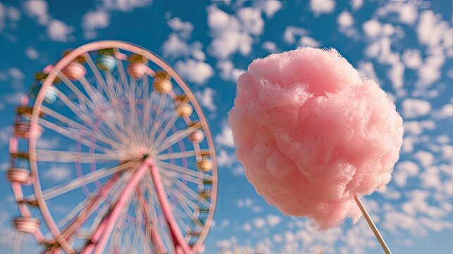 Pink fluffy treat in foreground with blurred Ferris wheel and sky