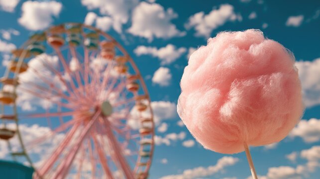 Close-up of fluffy pink cotton candy against a blurred carnival Ferris wheel