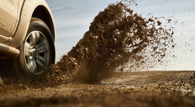 Wheel kicking up a large spray of brown mud
