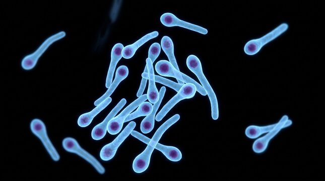 Microscopic blue drumstick shaped Clostridium tetani bacteria cells